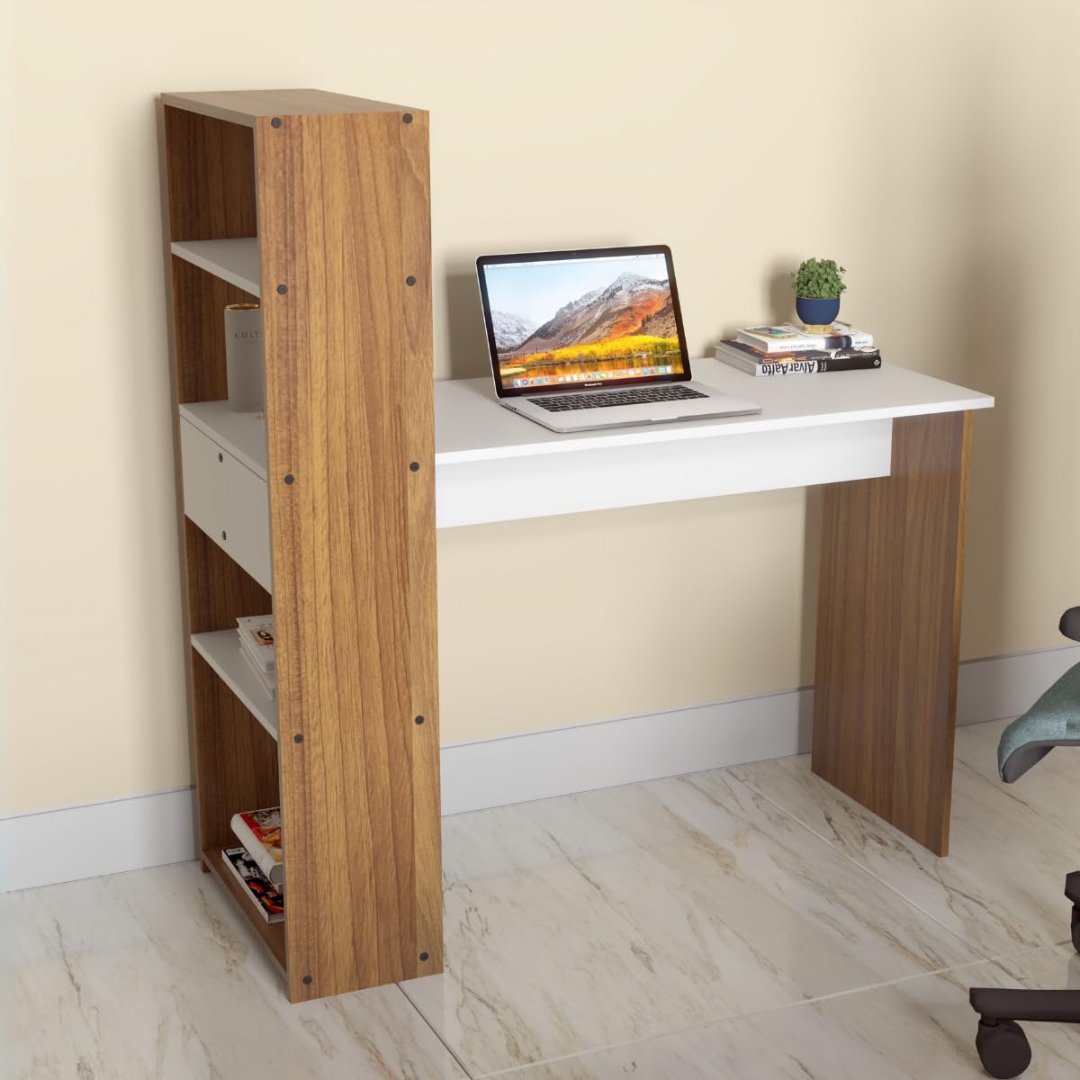 Amazon Brand - Solimo Vista Engineered Wood Study and Computer Laptop Desk with Storage Shelves for Home or Office, WFH Desk for Adults Kids Students - Leon Teak & White-image-7