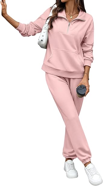 Womens Cozy 2 Piece Outfits Half Zip Sweatshirt Jogger Lounge Sets