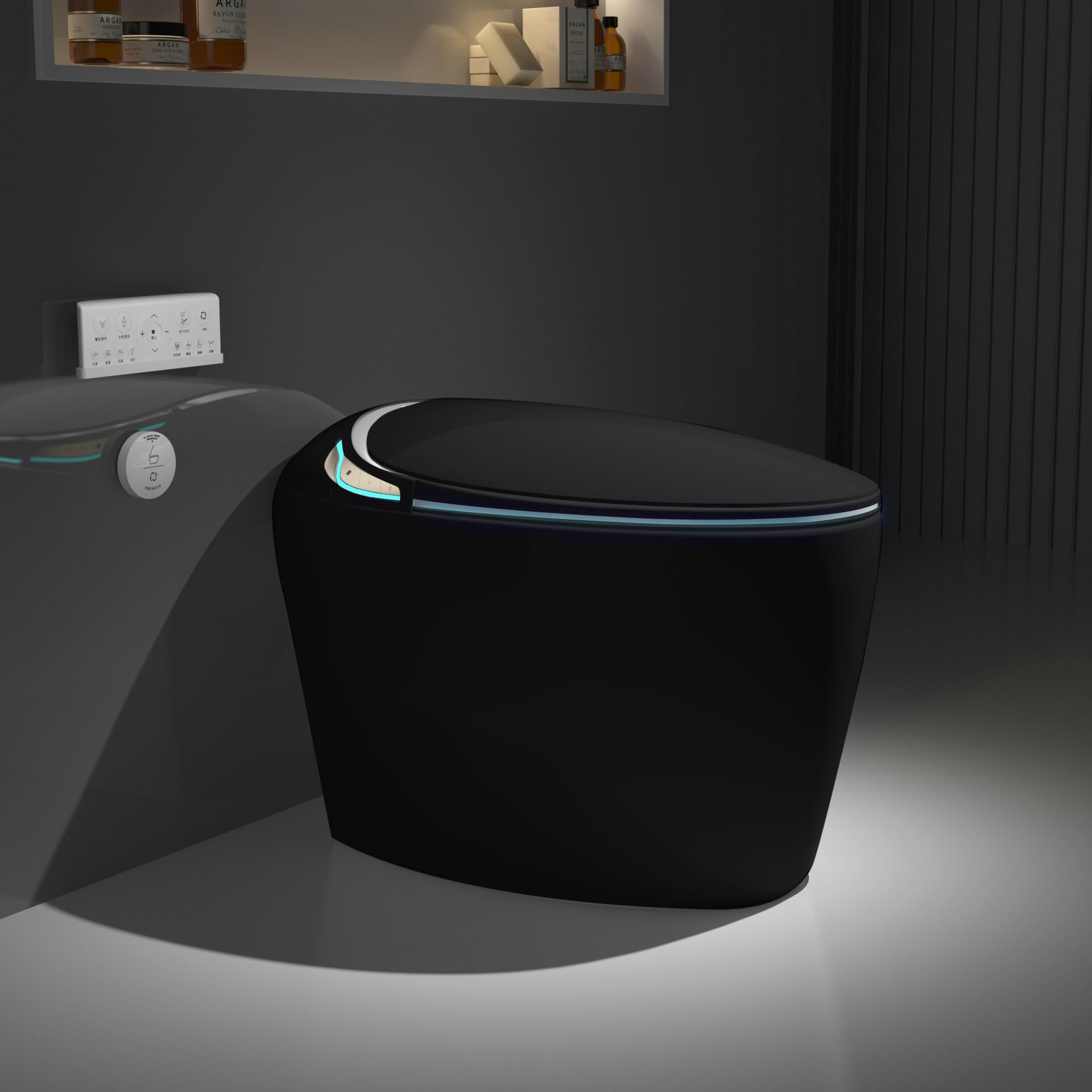 Unique Smart Toilet with Bidet Built In, Intelligent One Pcs Toilet For Modern Bathroom, Auto Open,Close Seat, Foot Sensor, LED Display,Night Light, Warm Water Dryer, Black