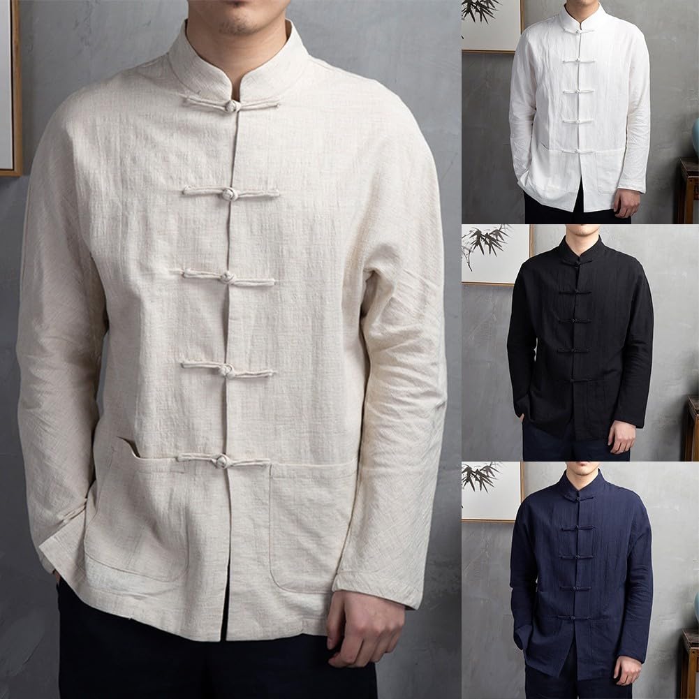 Veste chinoise de Kung Fu Tai Chi pour hommes, costume traditionnel en coton et polyester, manches longues, fermeture à boutons, col montant