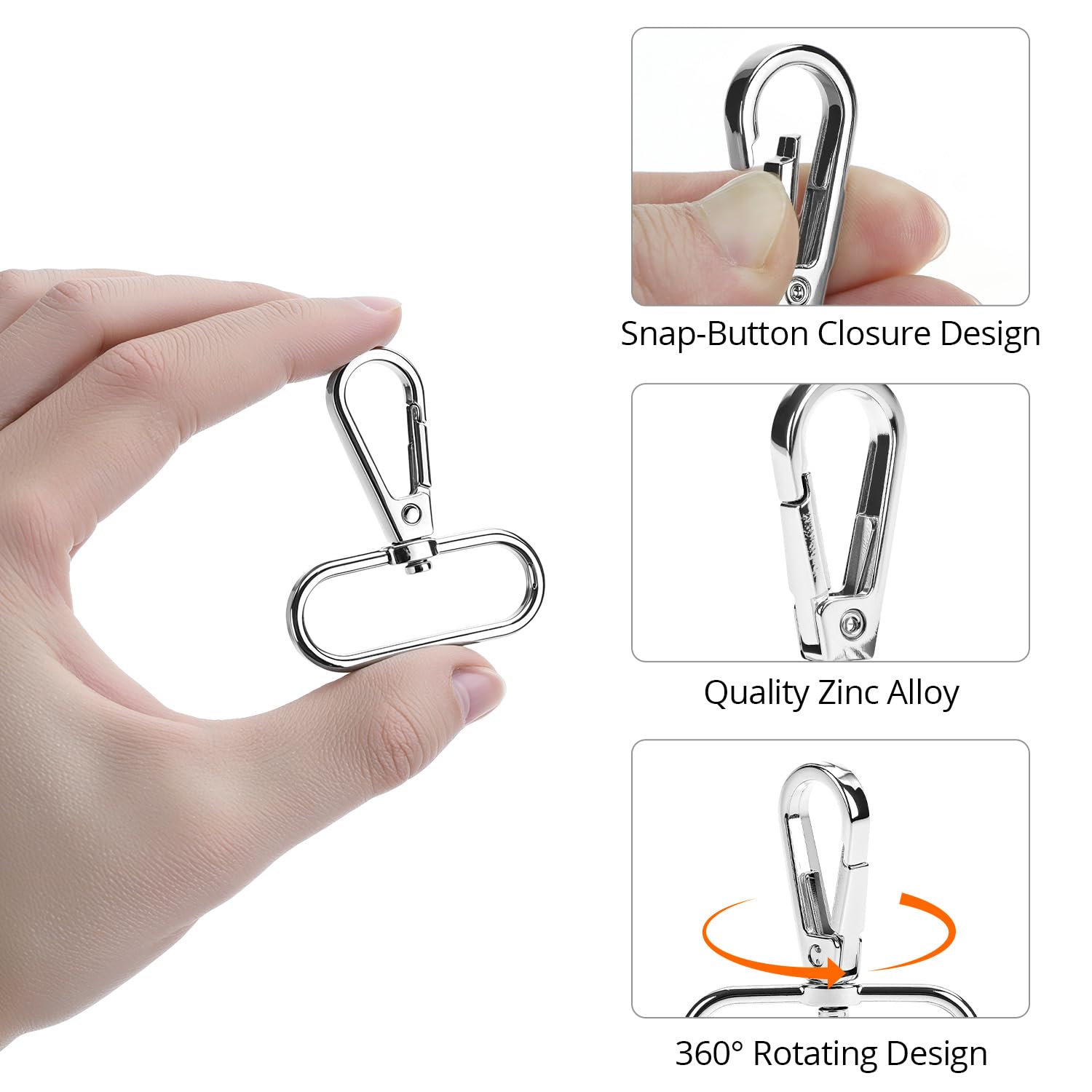 QWORK® 20 Pezzi 38mm moschettone girevole, portachiavi argento con D-anelli, per cordini, borse e lavori fai da te