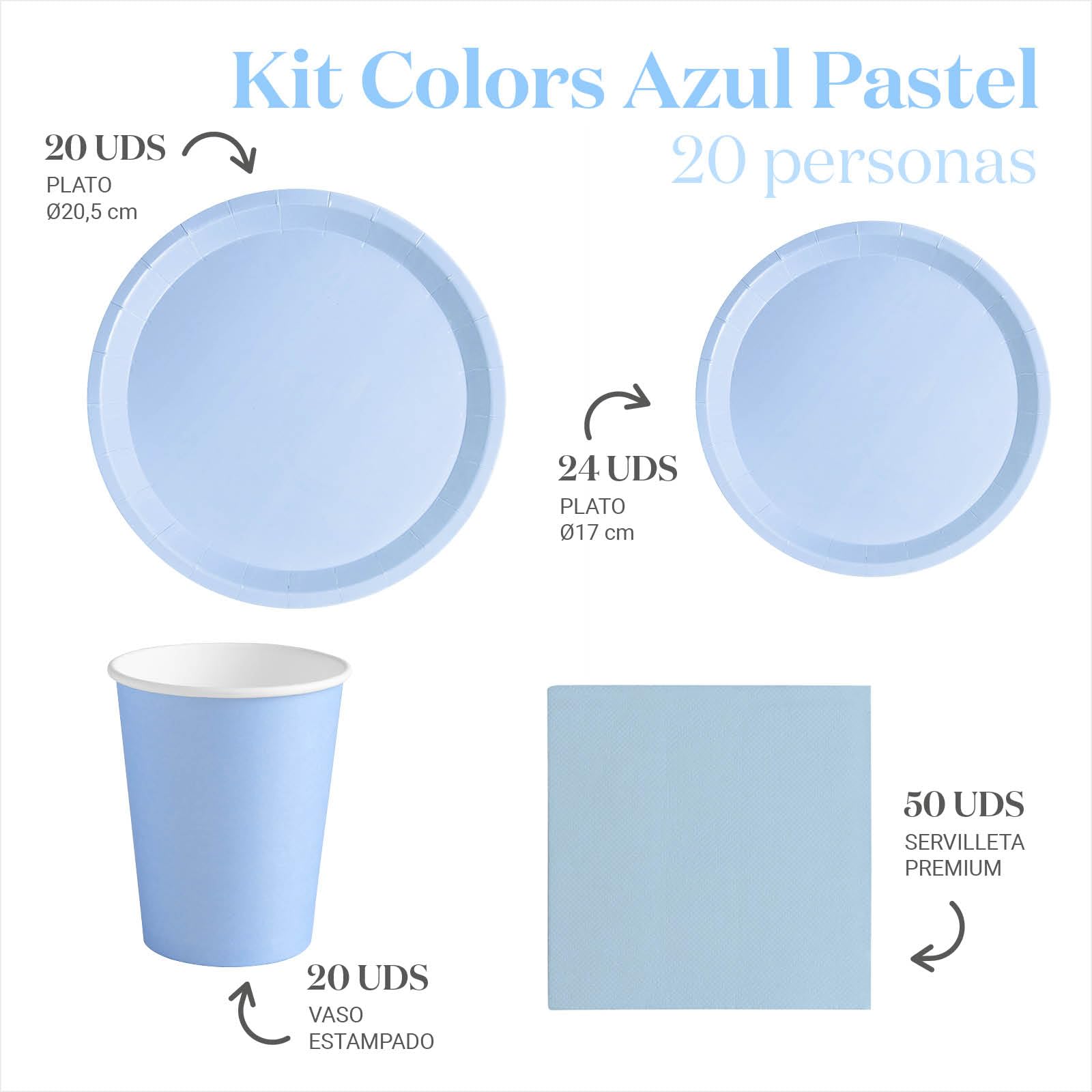 Set Vajilla Desechable Fiesta 20 Personas Azul Pastel - 114 piezas - Vasos Cartón 270 cc + Platos Cartón Ø17 y Ø20,5 cm + Servilletas Papel 25x25 cm - Menaje para Cumpleaños y Eventos