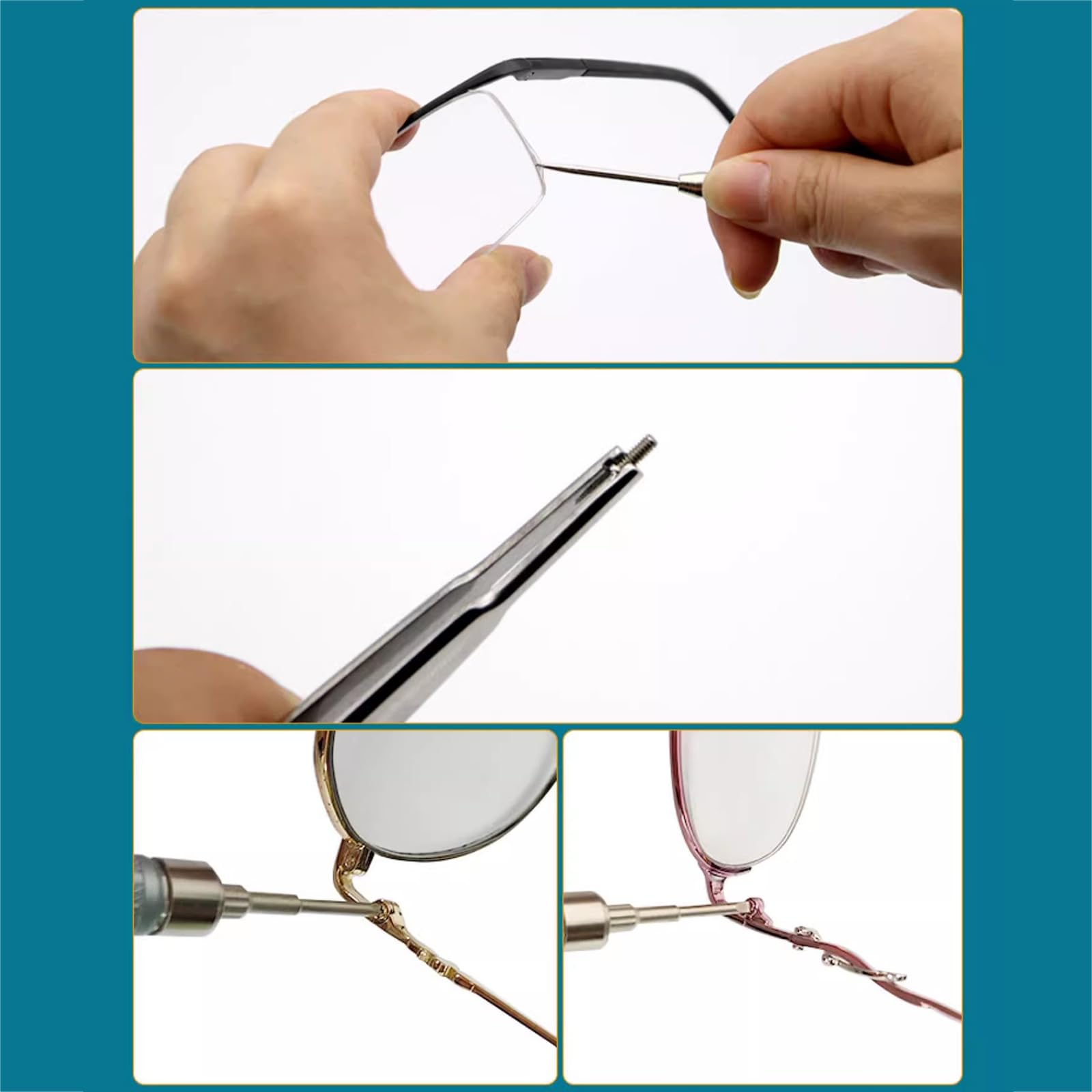 Kit de reparación de gafas con 8 herramientas de marco de gafas sin montura, 4 alicates para gafas, 4 bolsas de almacenamiento para destornilladores, ideal para reparación de relojes y teléfonos