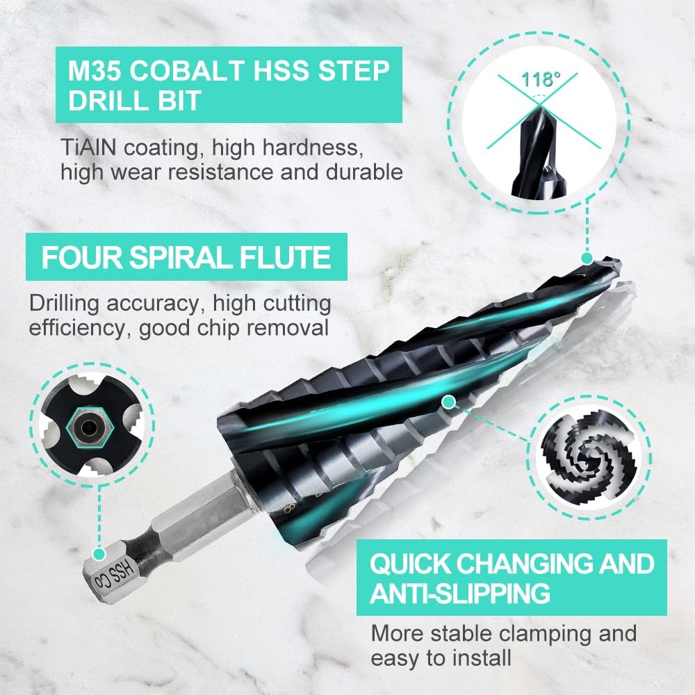 Punta Trapano Gradini Cobalto HSS M35 - Ø4-22 mm, Punta Conica a 10 Livelli con Gambo Esagonale 1/4", Punta Trapano per Acciaio Inox, Metallo, Alluminio, Legno e Plastica