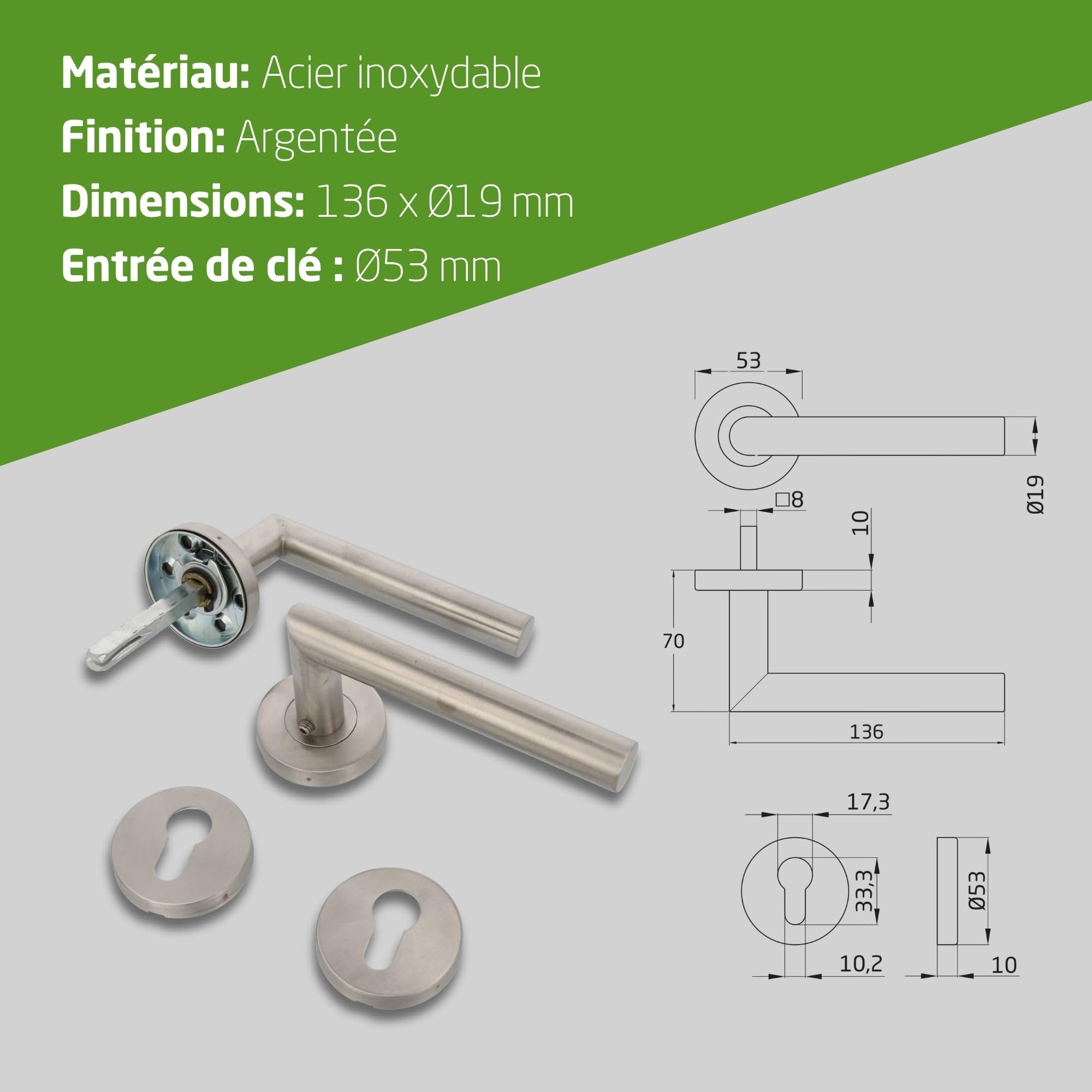 Amig - Jeu de Poignées avec Rosace et Entrée de Clé - 136 x Ø19 mm - Design Élégant et Simple - Argent Mat - Acier Inoxydable - Pour Maison et Bureau