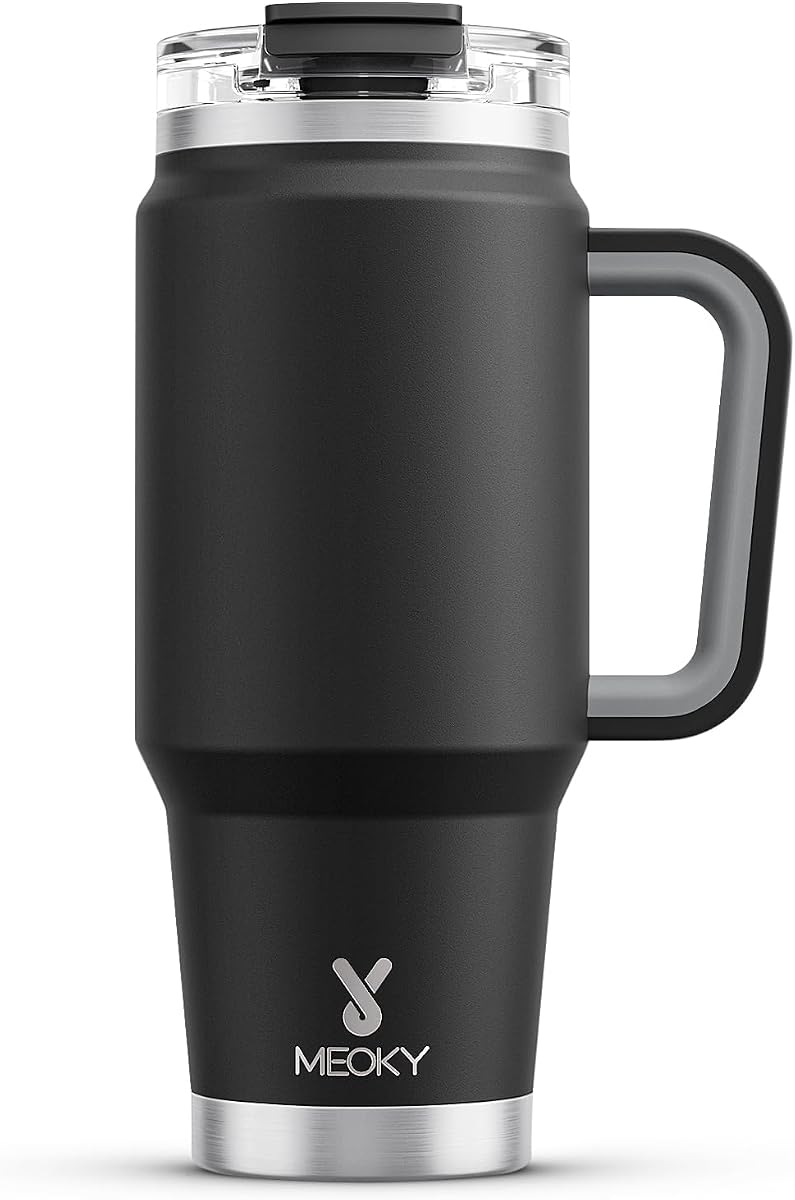 Meoky 32 oz Tumbler with Handle, Insulated Tumbler with Lid and Straw, Stainless Steel Travel Mug, Keeps Cold for 24 Hours, 100% Leak Proof, Fits in Car Cup Holder (Night)