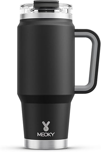 Meoky Vaso de 32 onzas con asa, vaso aislado con tapa y popote, taza de viaje de acero inoxidable, mantiene el frío durante 24 horas, 100% a prueba