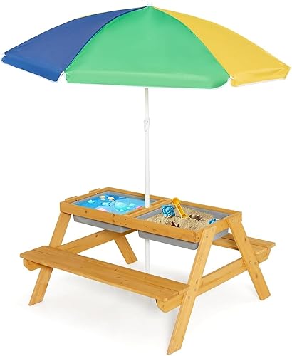 Miniatura 10 de Olakids Mesa de picnic para niños, juego de mesa y silla de madera para niños pequeños con paraguas extraíble, juego de muebles de actividades para