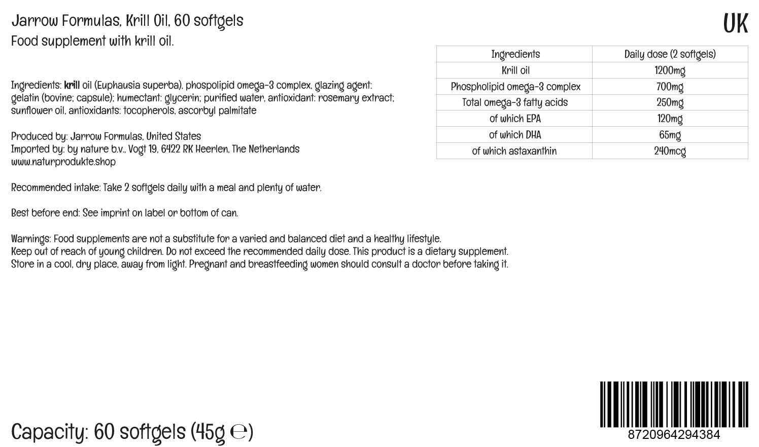 Jarrow Formulas, Krill Oil, 600 mg, con omega-3 e astaxantina, 60 capsule molli, testato in laboratorio, senza glutine, senza soia, senza ingegneria genetica