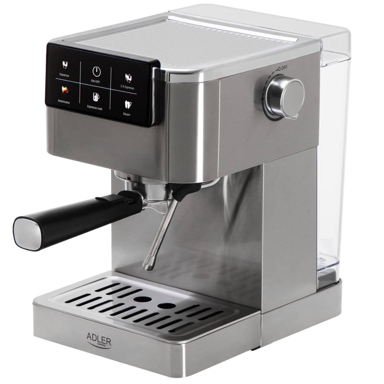 ADLER EUROPE Ekspres do kawy ciśnieniowy, automatyczny ekspres do kawy kolbowy 5w1, 20 bar, 1350W, espresso, podwójne espresso, americano, dotykowy panel sterowania LCD, dysza do spieniania mleka