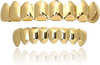 Grillz Men Hip Hop Gold Plated Teeth Grillz Grills Sparkling 8 Tooth Jewelry18K Gold-Plated Brass Dental Grills with Molding Bars Tooth Plating 18K Gold Halloween Party Costume Unisex