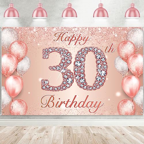 Image of Happy 30th Birthday Rose Gold Banner Cheers to 30 Years Old Backdrop Confetti Balloons Theme Decor for Women 30 Years Old Pink Birthday Party Decorations Bday Supplies Background Favors Gift Glitter