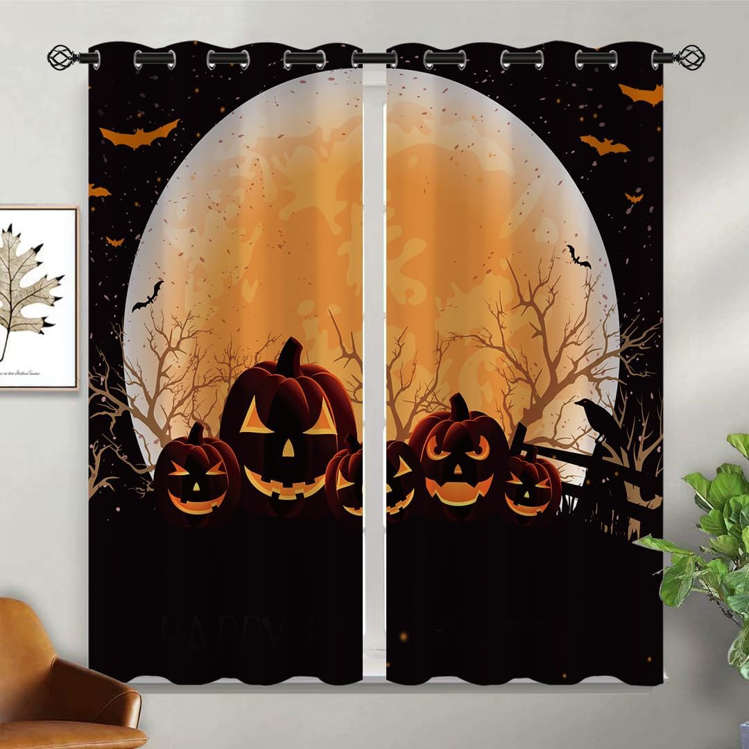 Halloween Blackout Curtains for Girls Boy Home Decor, Pumpkin Moon Bat Spooky Forest Orange Grommet Thermal Insulated Drapes Darkening Window Curtain for Bedroom Living Room, 42 x 45 Inch