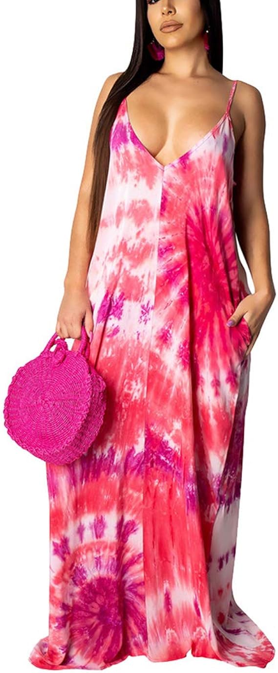 WOOSEN Womens Summer Suspender Maxi Dress Plus Size Striped Printed Sleeveless with Pockets and Belt