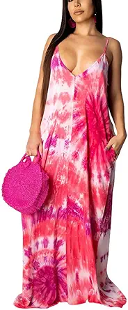 WOOSEN Womens Summer Suspender Maxi Dress Plus Size Striped Printed Sleeveless with Pockets and Belt