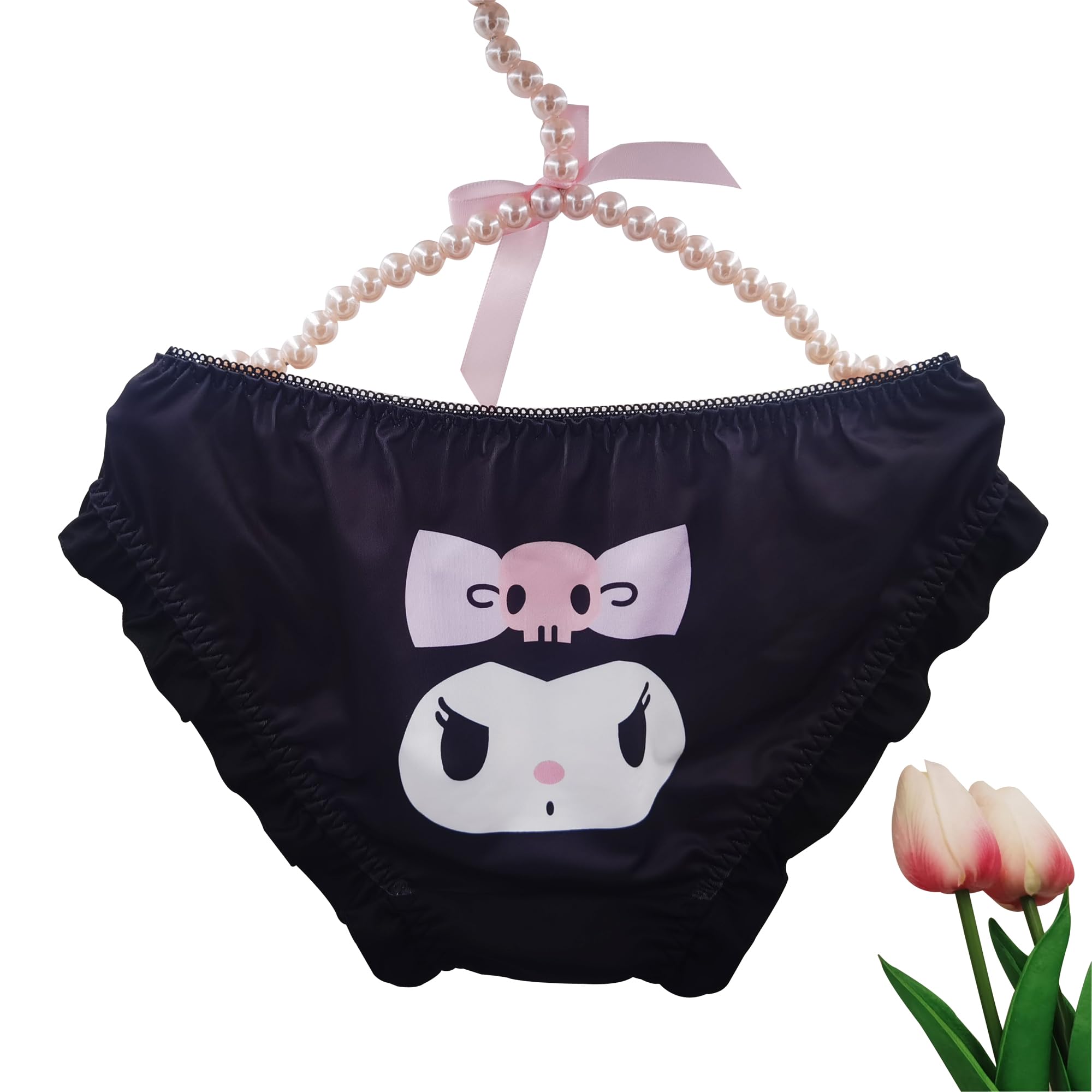 EasyTalk Kawaii Anime Character Women's Cute Panties, Lolita Pants, Bowknots Cartoon Print Underwear, Soft Rayon Fabric, fit for High School Students (UK, Alpha, L, Regular, Regular, Black)