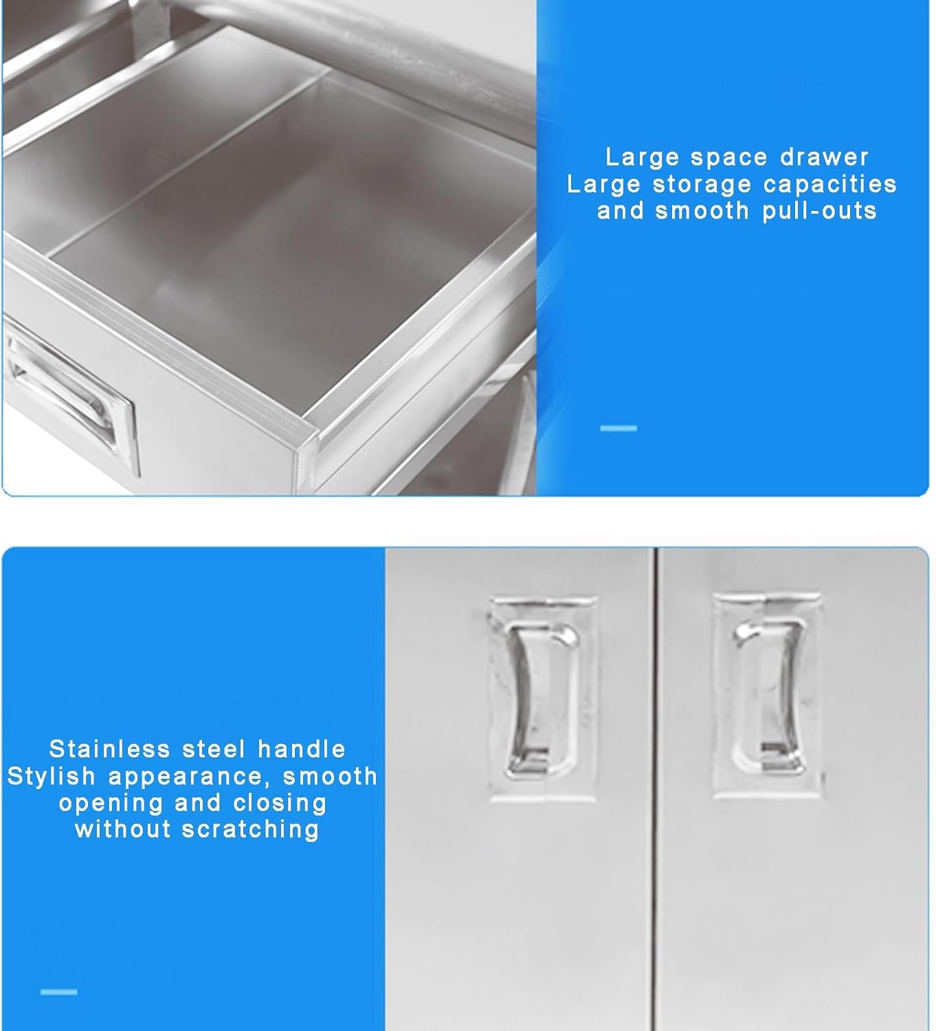 Multifunctional Stainless Steel Table with Back Panel 2 Drawers Double Door Storage Cabinet Removable Shelves Commercial/Home Kitchen