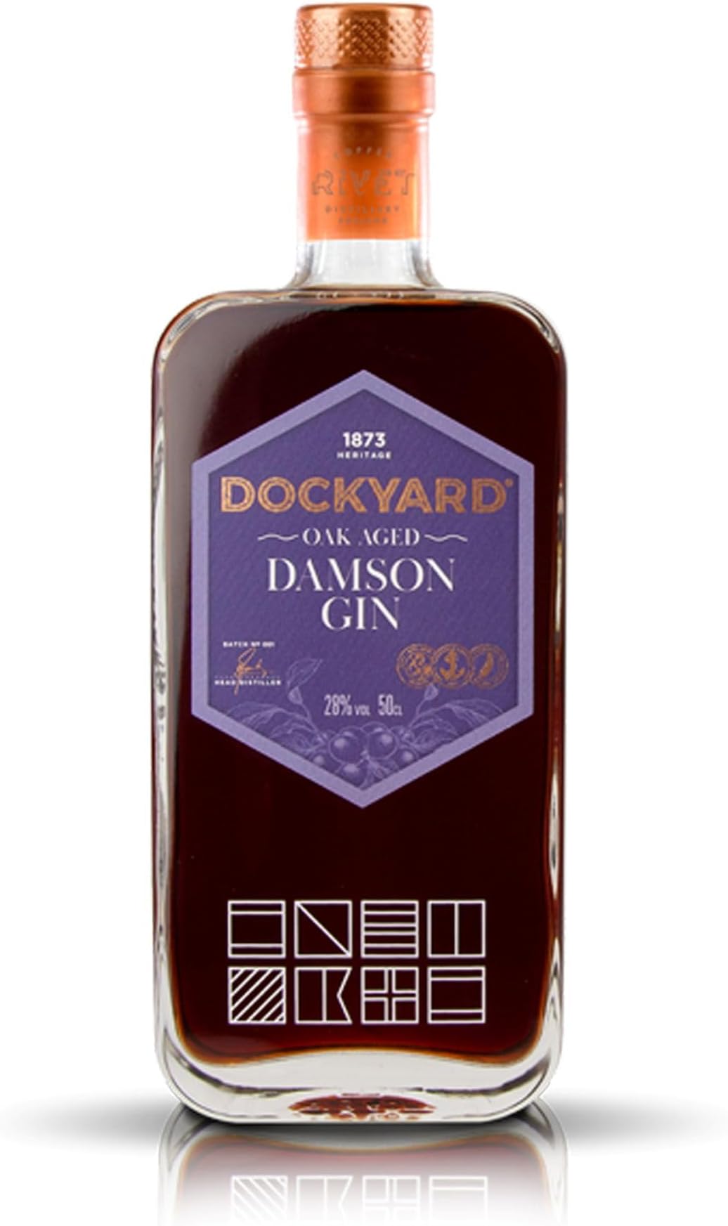 Copper Rivet Dockyard Damson Gin 50cl - Small Batch Gin Oak Aged Damson Gin Flavoured - Artisan Craft Gin - Premium Gin, Kent Gin Handcrafted from Local Grains, Special Edition Gin, Flavoured Gin