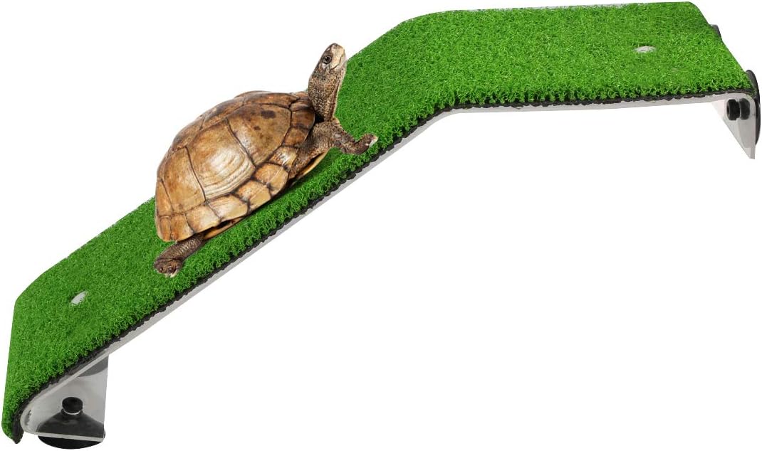 Leyeet Turtle Basking Platform, Detachable Portable Turtle Ladder with 4 Strong Suction Cups, Lifelike Green Turf Resting Terrace for Most Small Turtles Reptiles, S