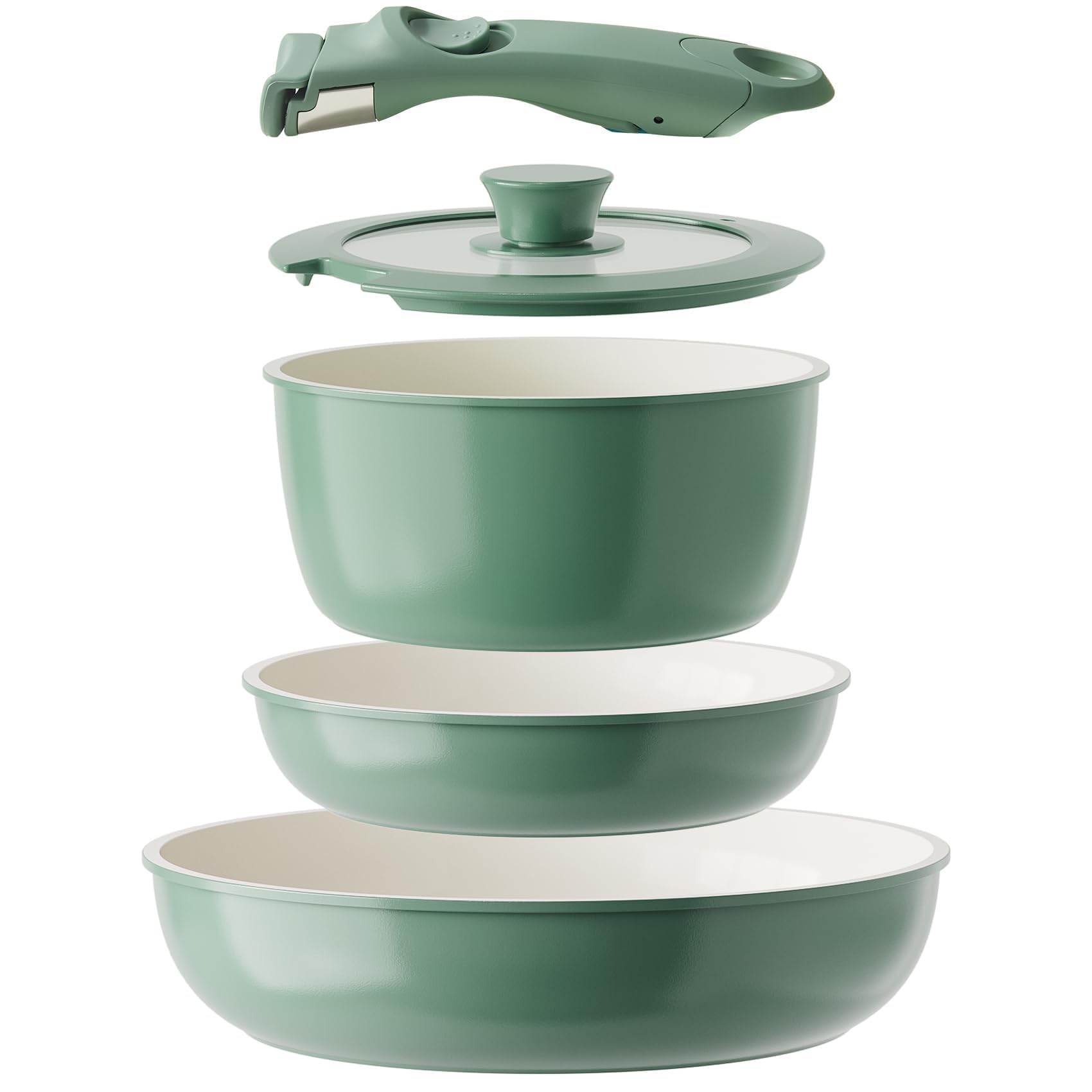 Redchef Set di pentole in ceramica con manico rimovibile, in ceramica, non tossico, per camper, per campeggio, senza PTFE, senza PFAS, senza PFOA, salvaspazio, lavabile in lavastoviglie, verde