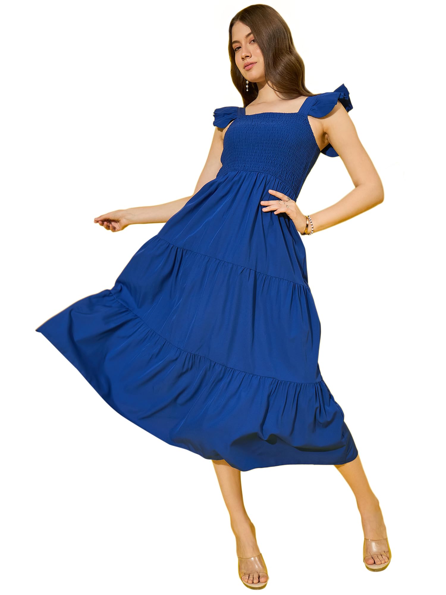 Buynewtrend Ruffled Strap Dress Square Neck Smocked High Waist Women Maxi Dresses