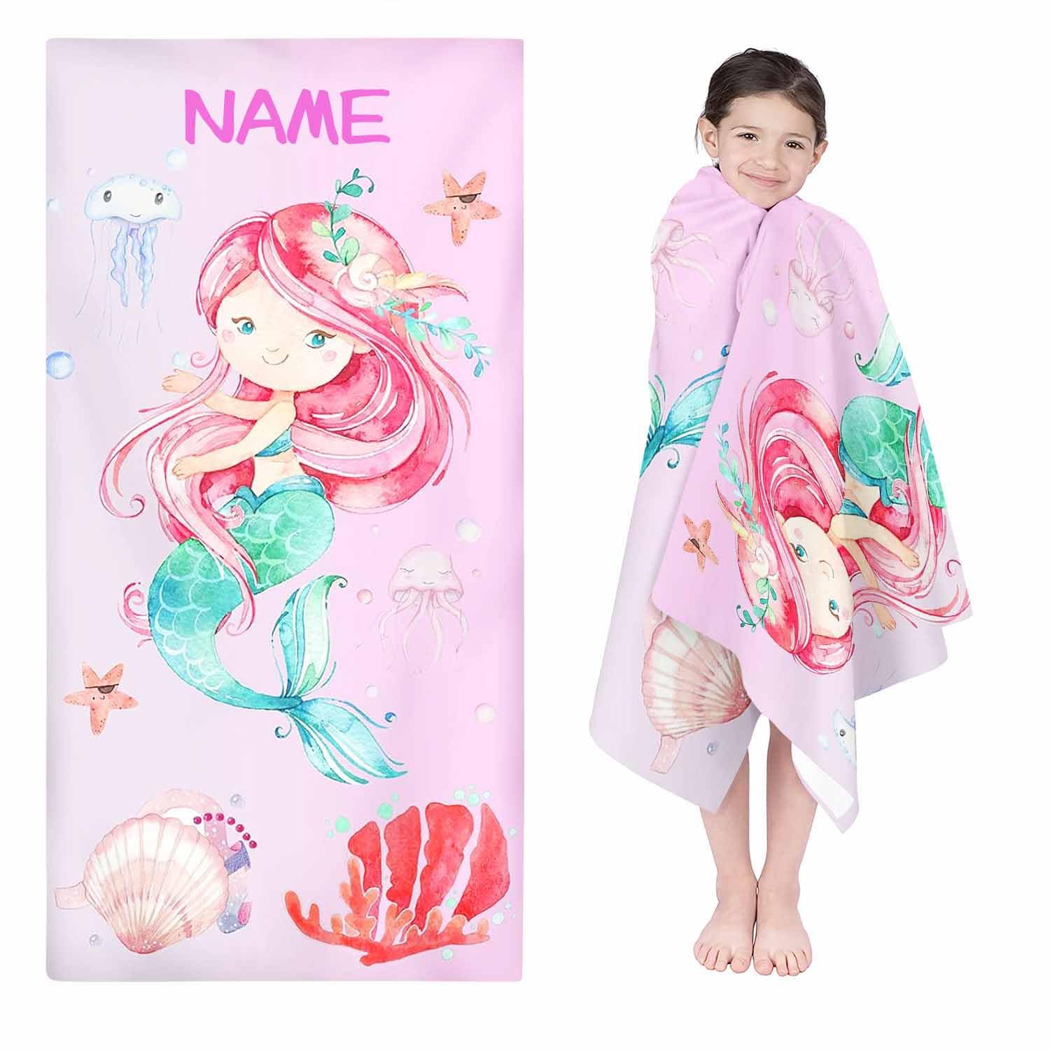 Qiqumax Telo mare personalizzato con nome, sirena, asciugamano da bagno con nome sirena, in microfibra, grande 100 x 200 cm, asciugamano da bagno per bambini (1,70 x 140 cm