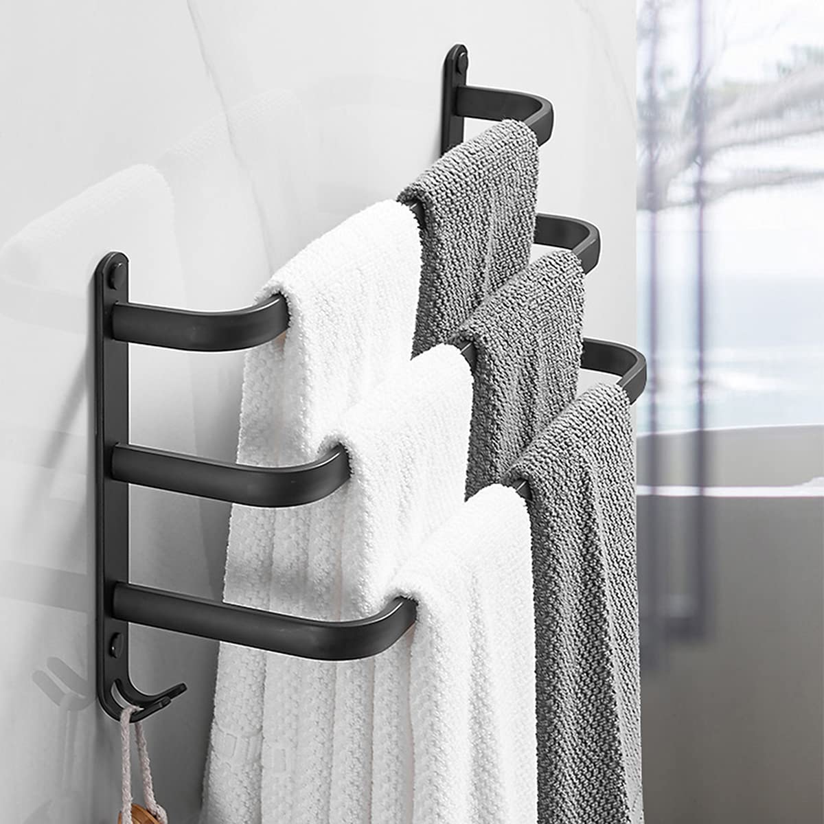 Porte Serviette Murale,Porte Serviette Salle de Bain,Porte-Serviettes Adhésif Noir Mat, Porte-Serviettes en Alliage d'Aluminium Non Perforé (40cm, Three Bars)