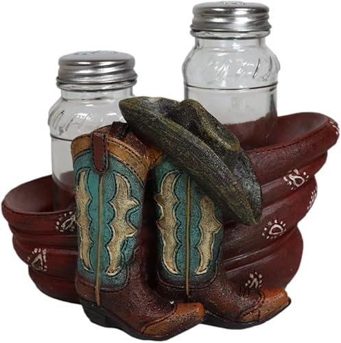 Ebros Gift Sombrero de vaquero occidental rústico, bufanda roja y botas dobles en acabado de piel sintética con acabado de sal y pimienta, juego de