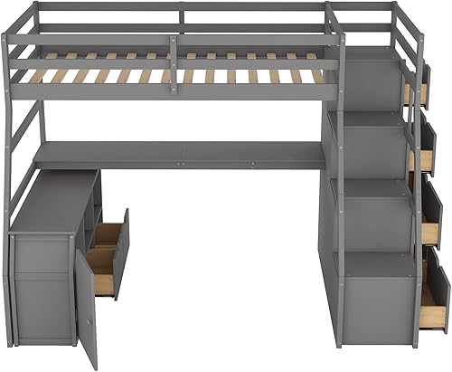 Miniatura 202 de Quarte Cama alta multifuncional, cama alta tamaño matrimonial con escritorio integrado y estantes de almacenamiento, dos cajones y escalera de