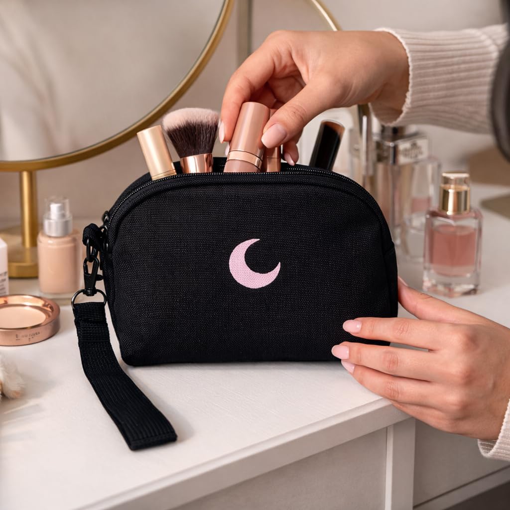 Brando Moon Small Zipper Makeup Bag for Women Girls – Travel Cosmetic Pouch, Wide-Open Organizer Purse Case, Air-Tight Odor-Control Fabric, Everyday Travel Essentials