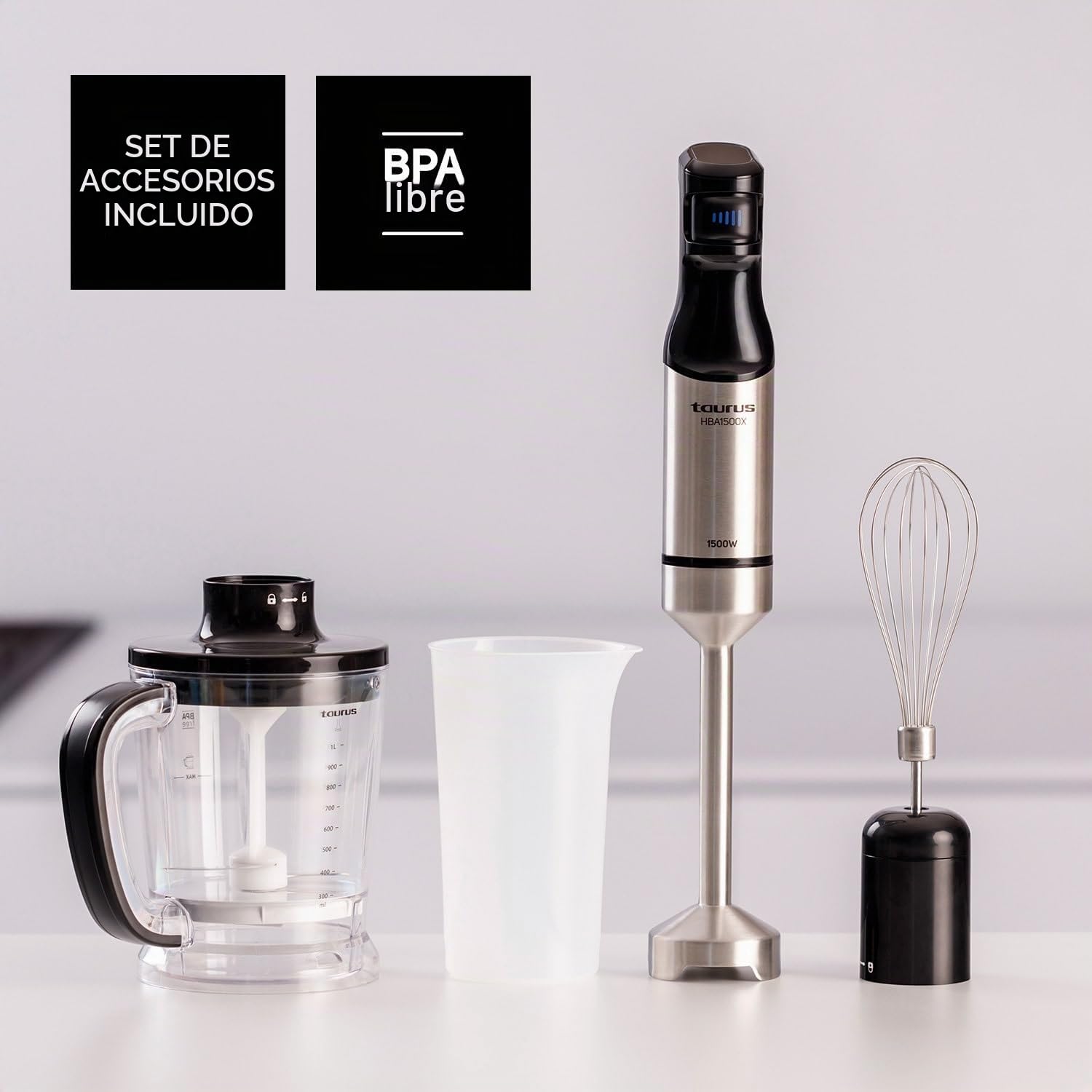 Taurus - Batidora de mano HBA1501X 1500W | Regulador de 20 velocidades ajustable | Función Turbo | Cuchillas de acero inoxidable | Pica hielo | Diseño ergonómico | Vaso medidor 700 ml | Inoxà