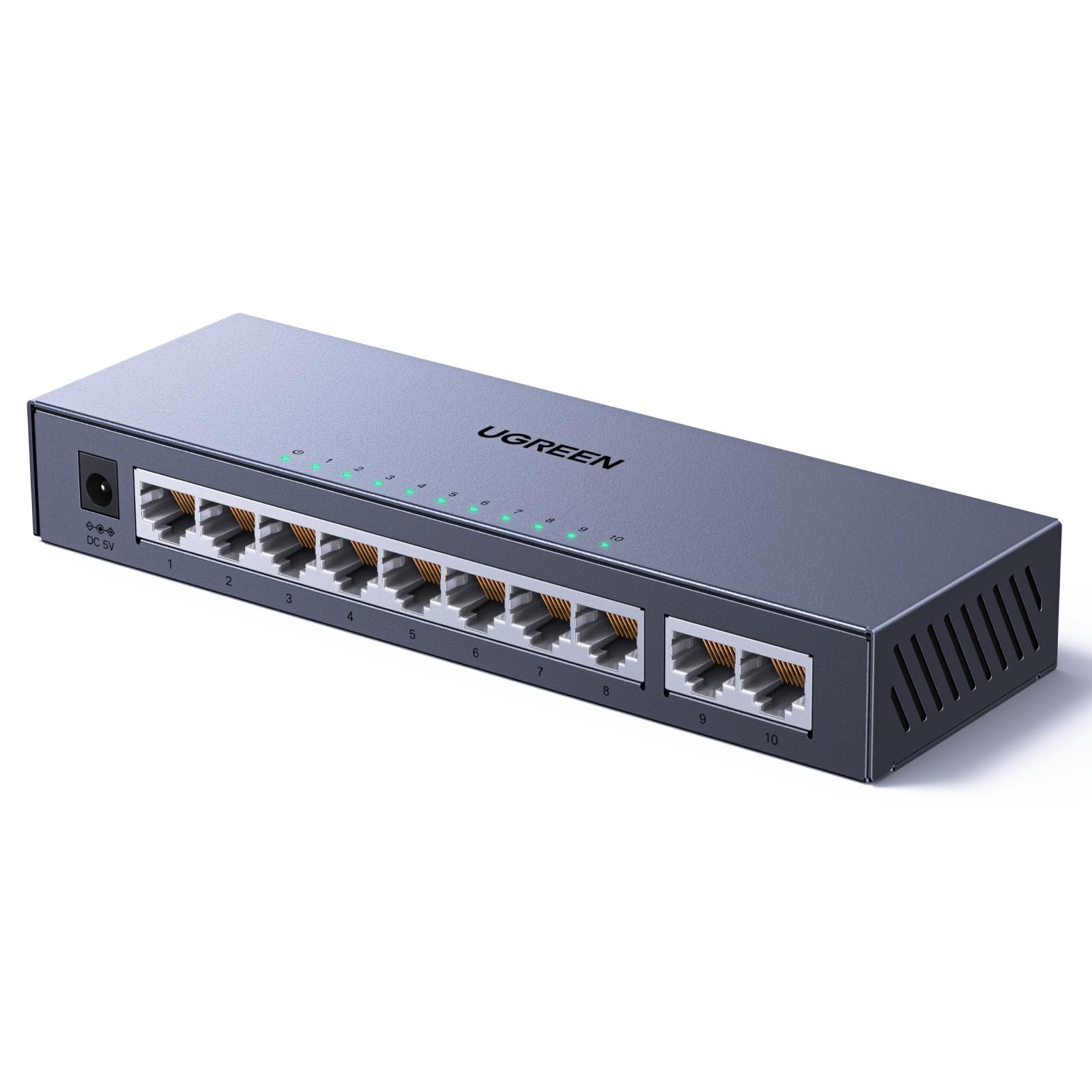 UGREEN 10-Port Gigabit Lan Switch Unmanaged, Metallgehäuse, Plug & Play | 10x1000Mbps RJ45 Netzwerk Switch für NAS, PC, IPC, Kamera, Smart-Home-Zeug, Smart-TV usw. 6kV Überspannungsschutz, Leise