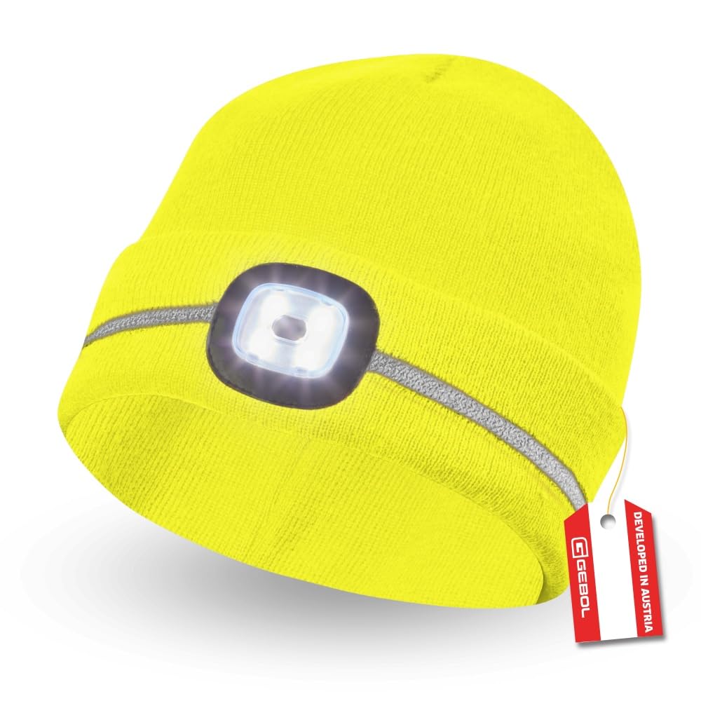 Gebol Berretto a LED giallo | lampada frontale su maglia | Beanie con strisce riflettenti | porta USB per la ricarica | 60 minuti di luce | 4 livelli di luce | Unisex | Giallo | 1 pezzo
