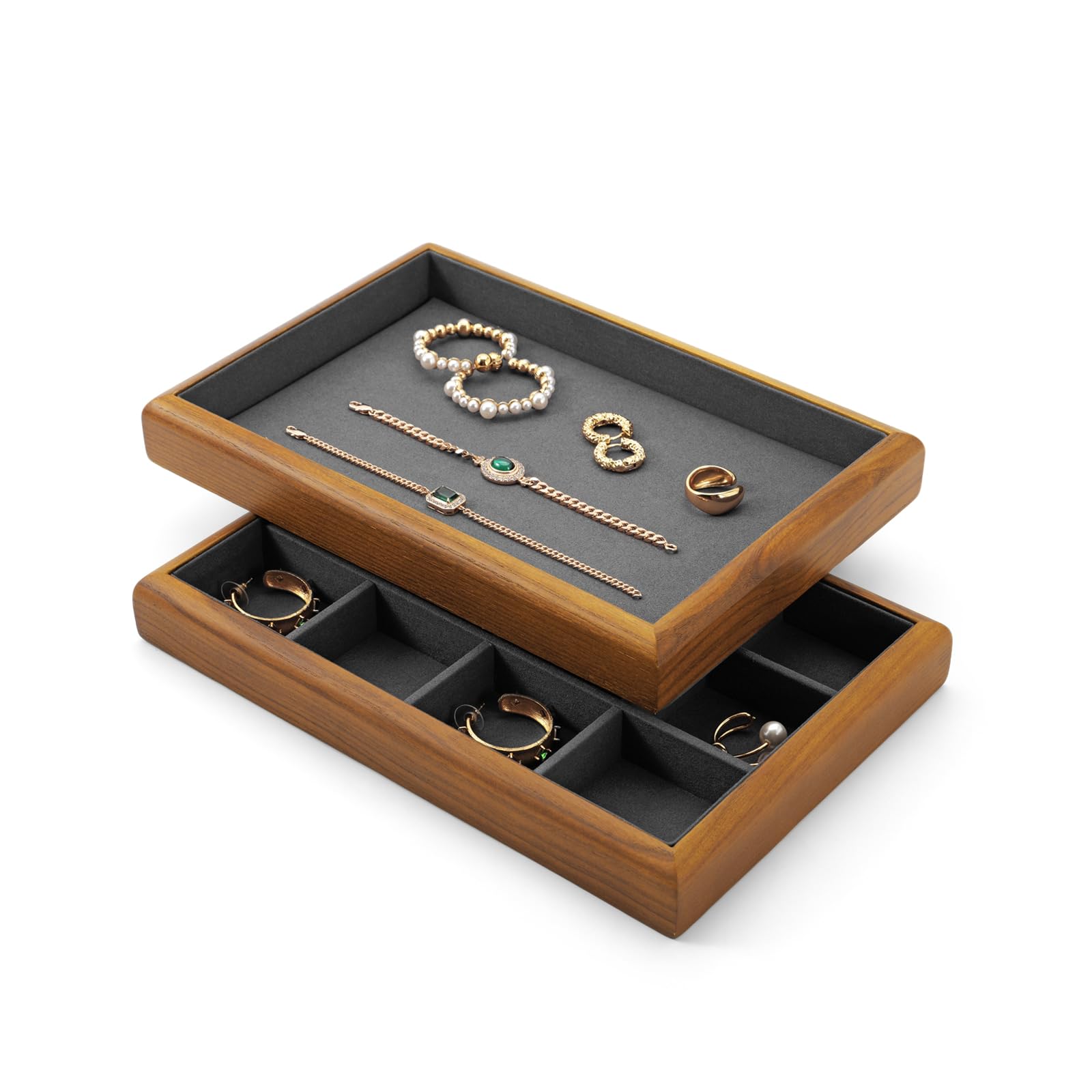 Oirlv Plateaux à Bijoux en Bois Massif,Empilables,Organiseur de Bijoux,Présentoirs Bijoux(Gris foncé)