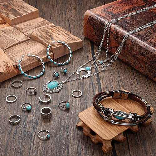 HAIAISO Western Jewelry For Women Turquoise Pendant Necklace Western Drop Dangle Earrings Turquoise Faux Leather Layered Bracelets Boho Knuckle Rings Set Bohemian Turquoise Jewelry Set4
