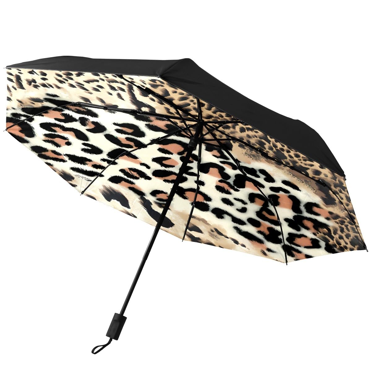 GISPOG Automatic Folding Umbrella, Leopard Animal Print Waterproof Compact Sun and Rain Travel Umbrellas
