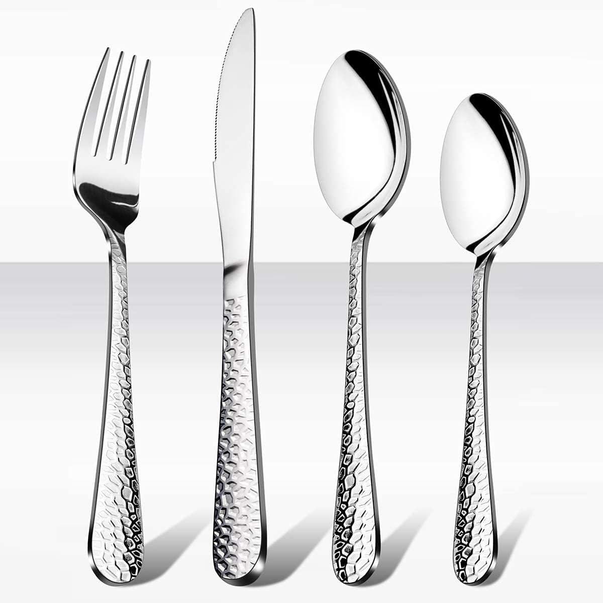 Cutlery Set, Stainless Steel Flatware Silverware Set, Hammered Design Knife Fork Spoon Set for Home, Camping, Party, Healthy And Durable, Dishwasher Safe, Mirror Polish, 4 Pieces