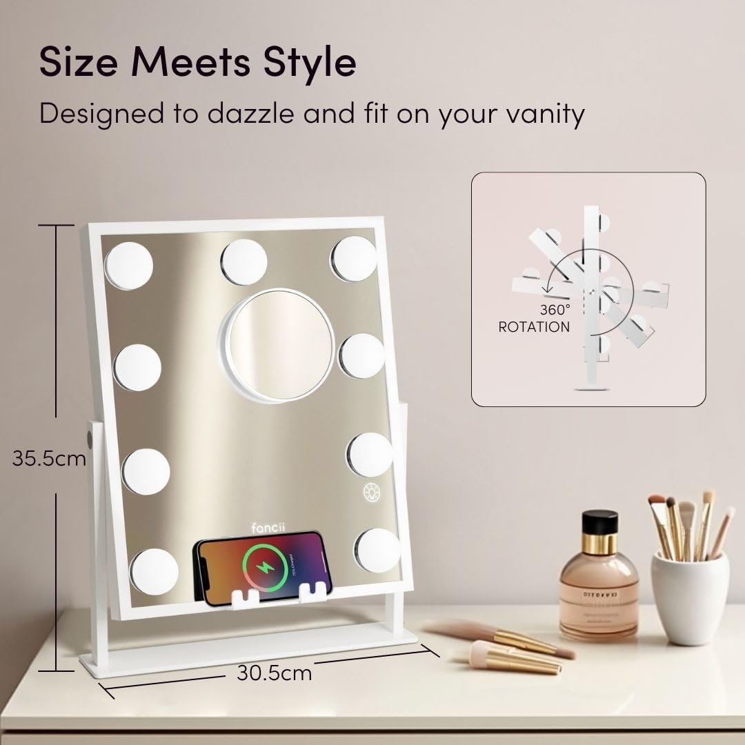 Fancii Vanity Mirror with Lights, BT Speaker, Wireless Charging - Detachable 10X Magnifying Mirror, 9 Hollywood Bulbs, LED Lighted Makeup Mirror with Phone Stand, 3 Color Modes, Adjustable Tilt