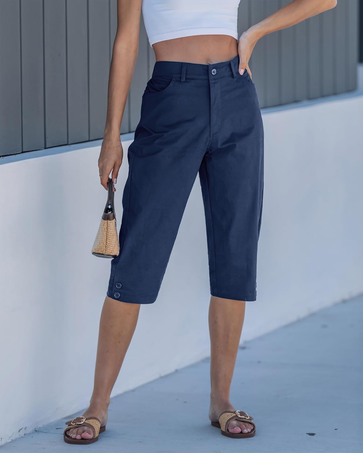 GRAPENT Capri Pants for Women High Waisted Relaxed Fit Elastic Knit Waist Casual Capris Cotton Trousers Cropped Pants - Image 7