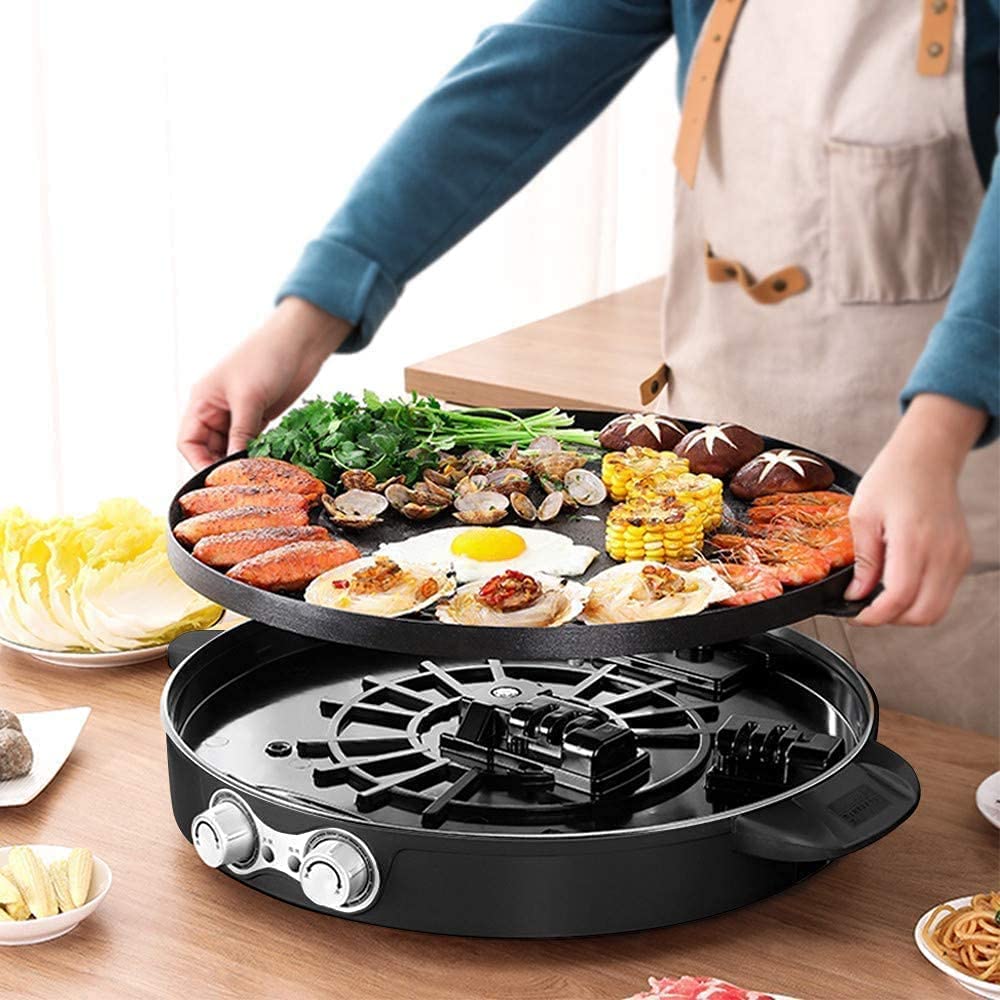 Parrilla Eléctrica Plancha de Asar 2 en 1 Olla Caliente eléctrica Parrilla para Barbacoa Shabu Pot con Control de Temperatura Independiente 1016(Color:Black)