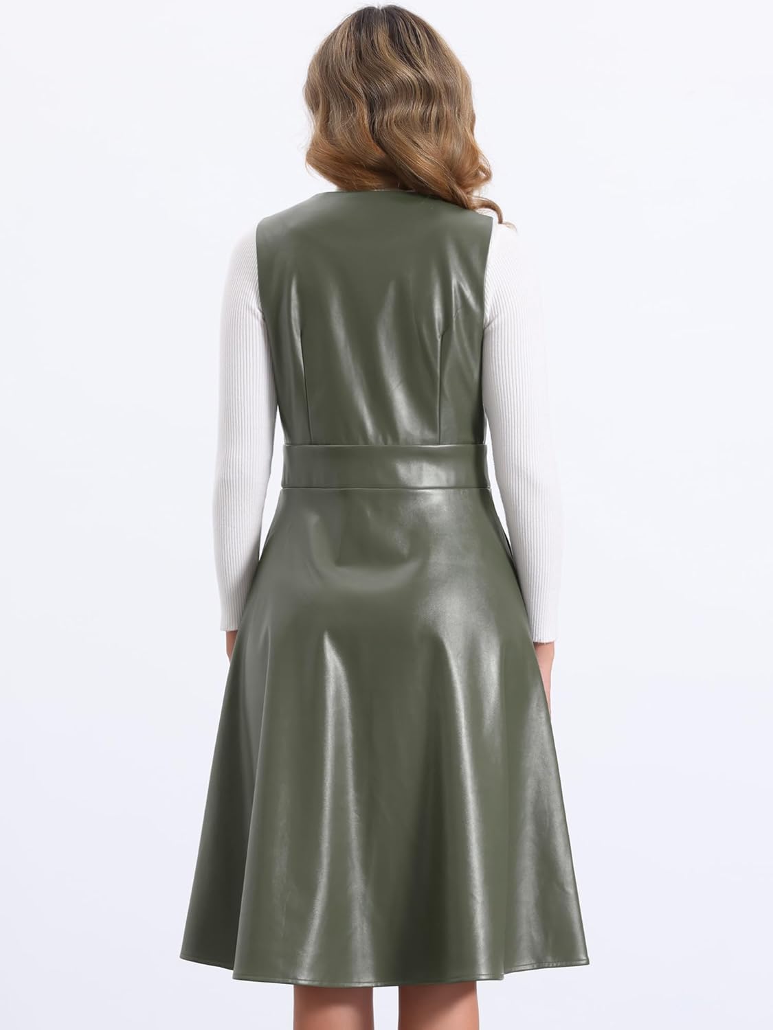 Allegra K Faux Leather V Neck Dress for Women's Sleeveless Button Down Casual Party Midi Dress - Image 3