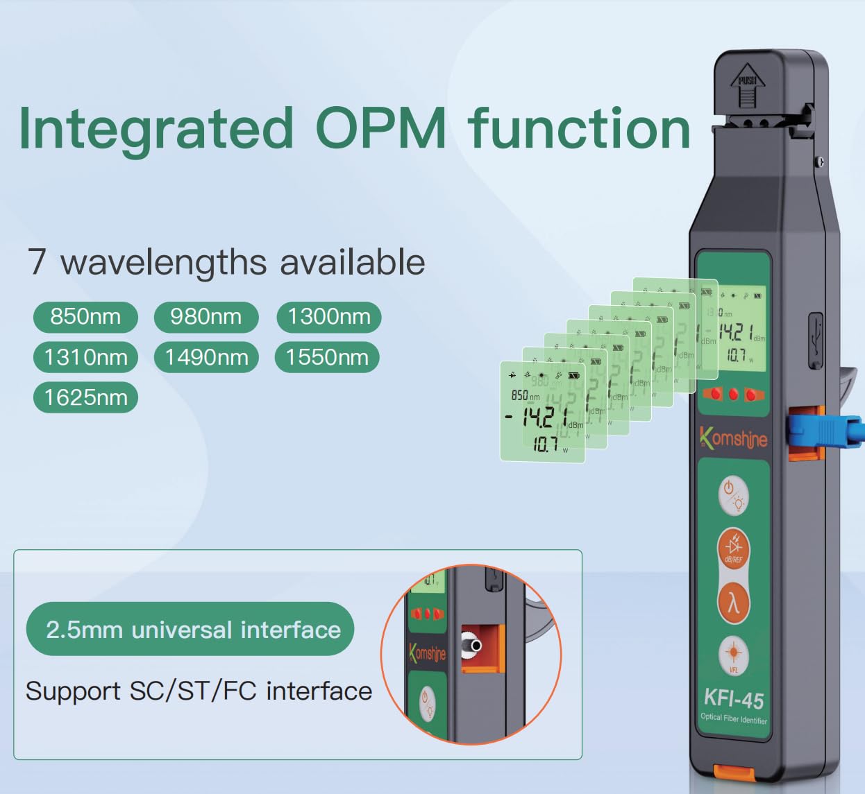 Optical Fiber Identifier Komshine KFI-45 Suit for 0.25/0.9/2.0/3.0mm Fibers, Testing Range: -40dBm-10dBm Built in Optical Power Meter OPM -70~+10dB Traffic Detector+Visual Fault Locator VFL+LED Light