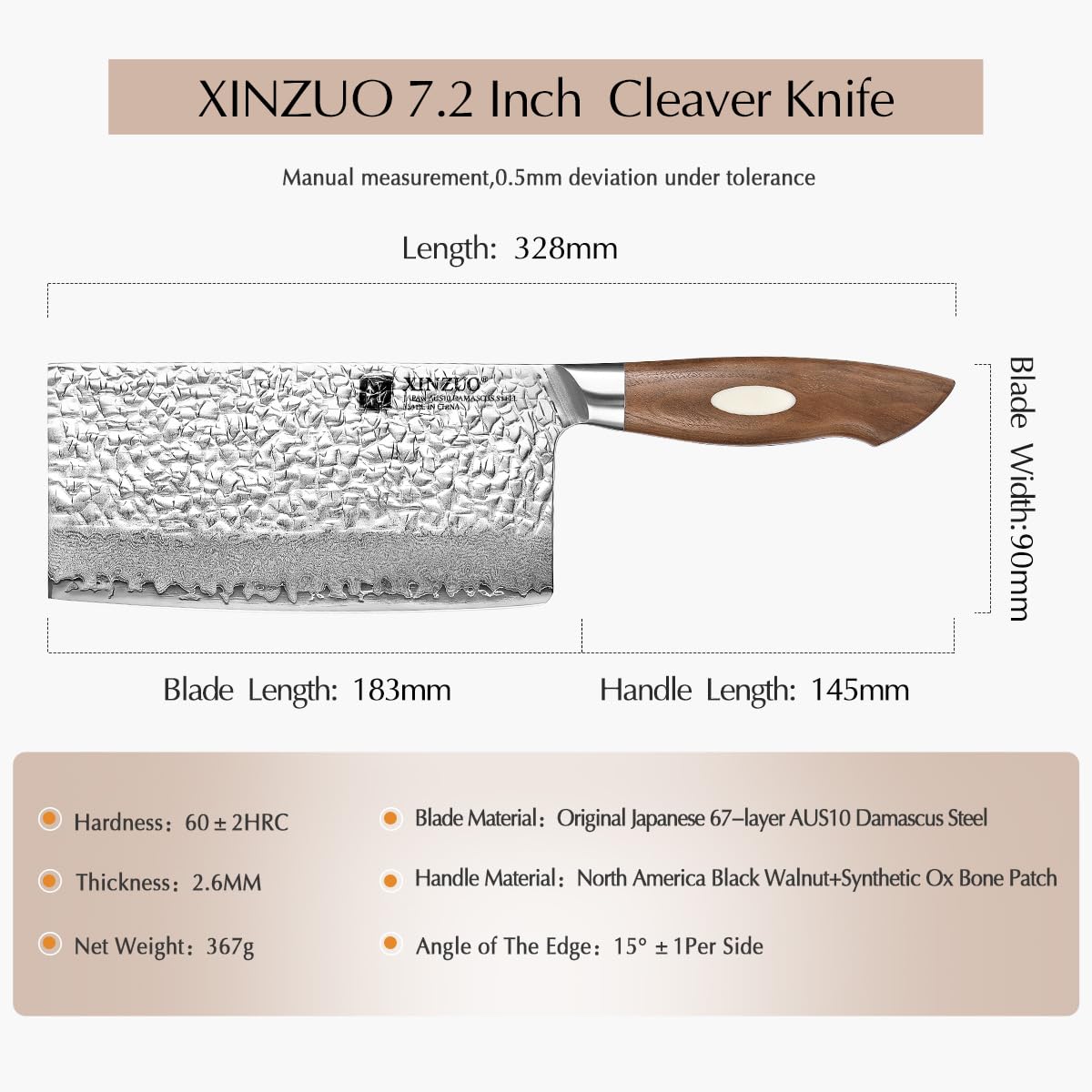 Coltello a Mannaia Damasco AUS-10 18.3cm - XINZUO Acciaio Giapponese