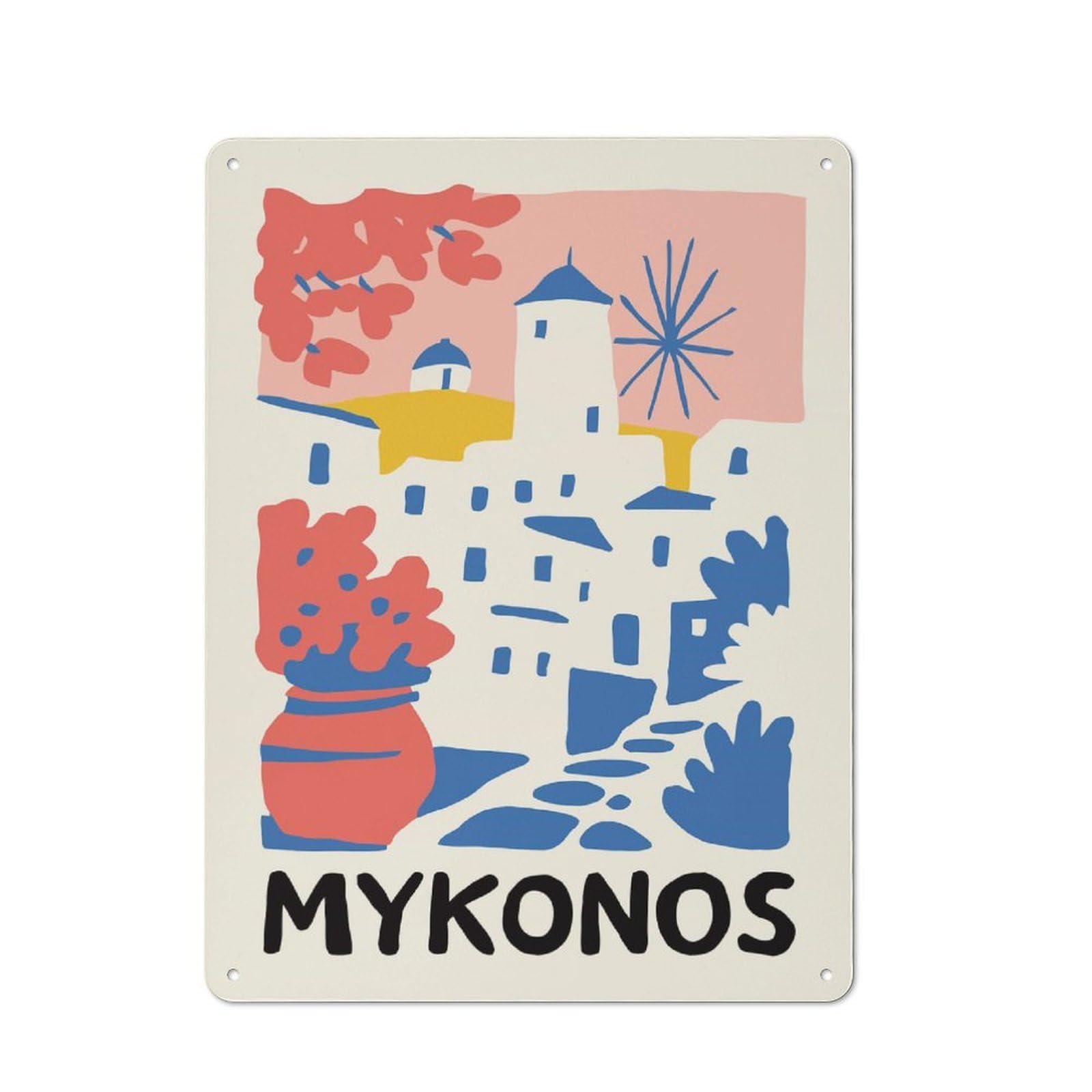 Junmoney Style-9 Mykonos Travel Vintage Metal Sign 40X30cm For Lounge Or Reading Corner, For A Room Refresh Centred On Metal Wall Decor