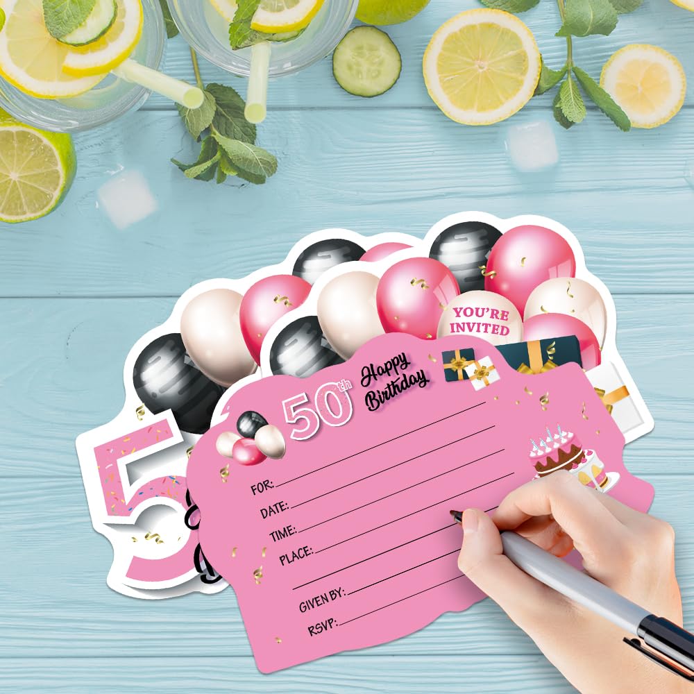 ERHACHAIJIA Einladungskarten zum Ausfüllen in Rosa und Schwarz, goldene Luftballons und Kuchenform, mit Umschlägen, lustige Einladungen zum 50. Geburtstag, Party, 50. Geburtstag, Erwachsene, 20 Stück