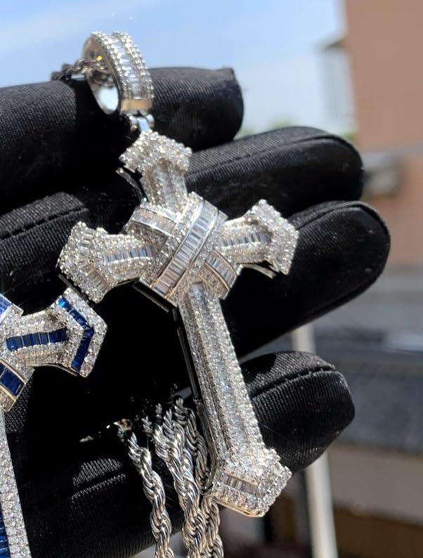 Sterling Silver and Stainless Steel Cross Necklace with Large Silver Pendant Chain, Hip Hop Style, Inlaid with Sparkling Cubic Zirconia, Fashion Statement Jewelry for Men and Women, Perfect for Any Occasion4