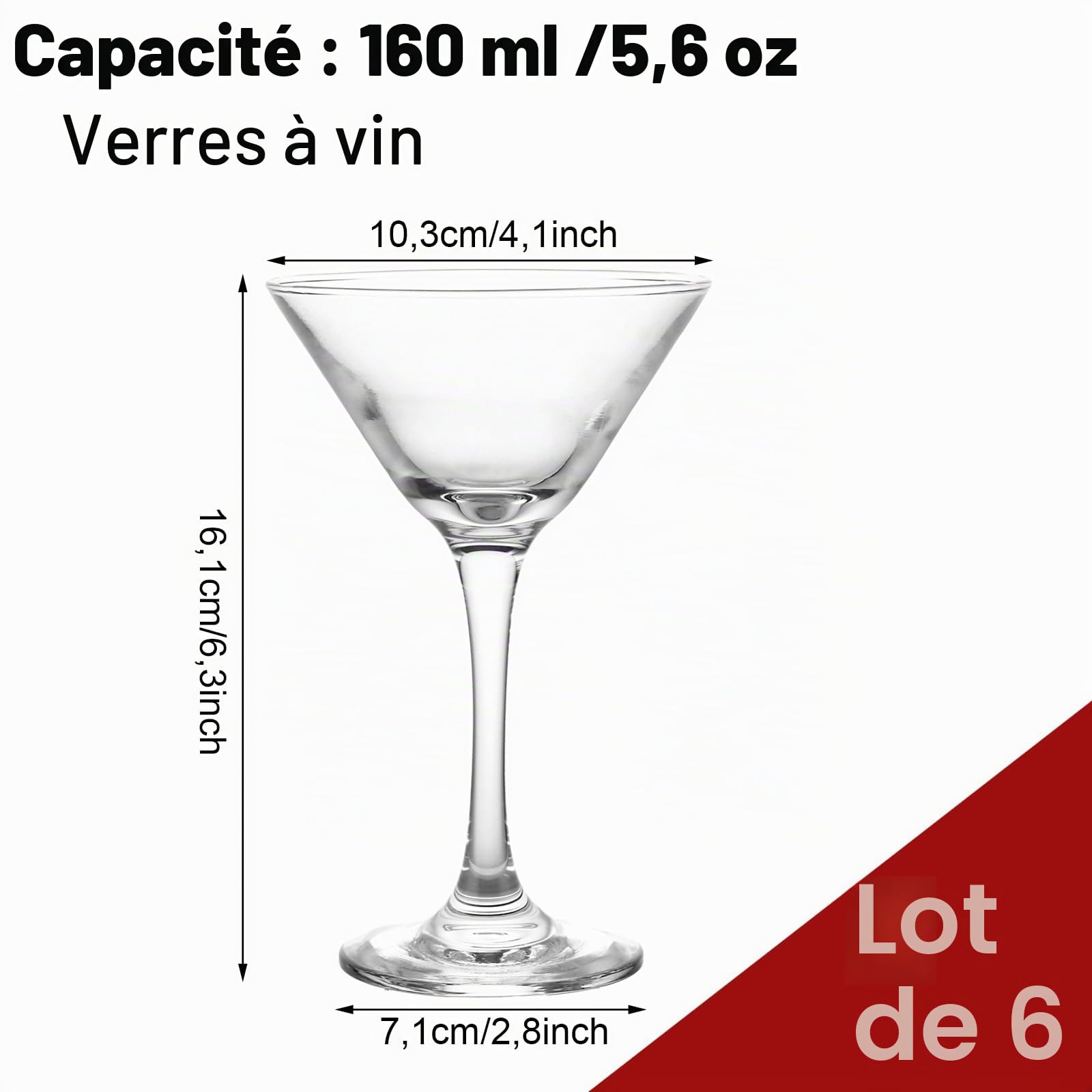 Lot de 6 Verres à Martini - 160 ml - Verres Cosmopolitan - Pour Fête, Maison, Mariages, Dîners