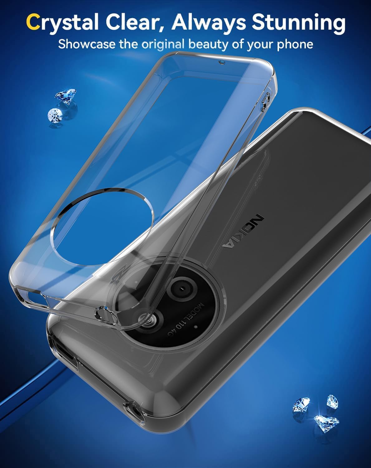 Image showing the crystal clear transparent case on a phone, emphasizing its ability to showcase the phone's original beauty.
