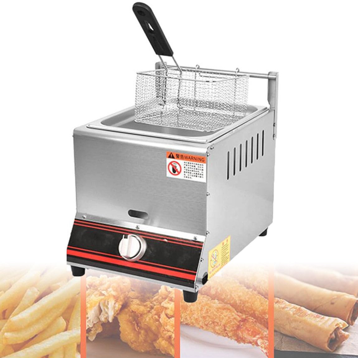IUokLU Commercial Gas Fryer 6L/12L Stainless Steel Fryer with Frying Basket and Lid,Fast Heating,Countertop Oil Fryer for Restaurant Home for Fried Chicken and Fries (Smallsinglecylinder)