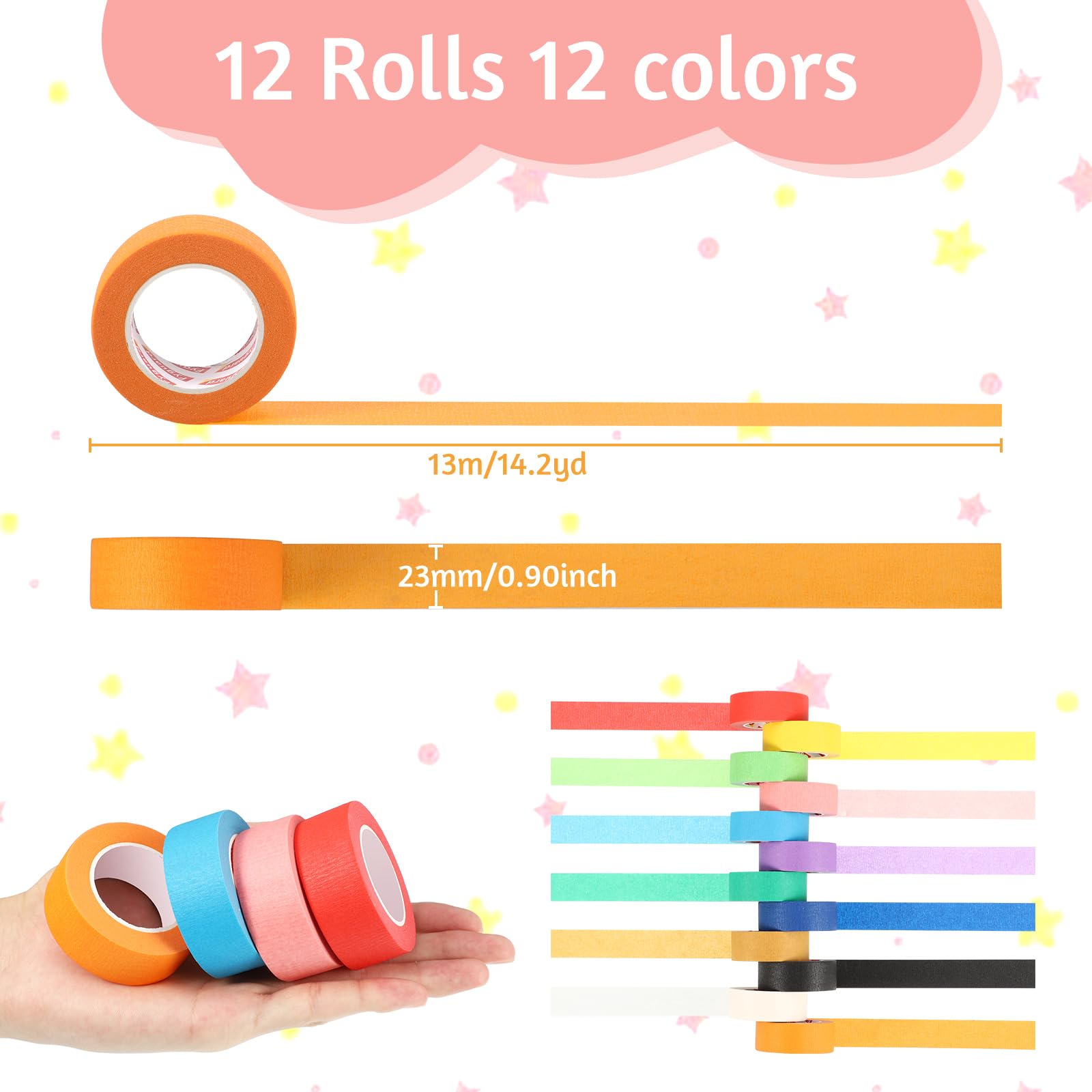 12 rolek kolorowej taśmy maskującej, 23 mm x 13 m, taśma malarska, taśma klejąca, tęczowa, do majsterkowania, scrapbookingu, rzemiosła, pakowania prezentów